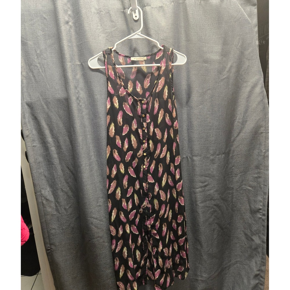 Sleeveless Button Down Feather Print Midi Dress‎ Casual Summer  Womens
